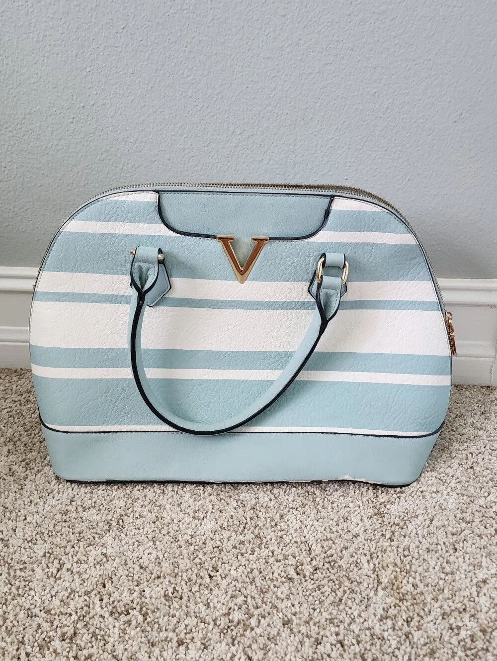 V-Accent Striped Dome Satchel - Light Blue & White